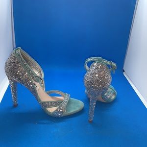 🔥 👠 Miu Miu Silver/Blue Coarse Glitter And Suede Trims Open Toe Sandals 35 5 US